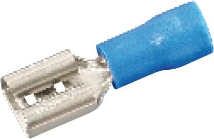 Ein blauer Flachsteckverbinder mit einem Metallanschluss. Häufig in elektrischen Anwendungen zur Verbindung von Kabeln verwendet.