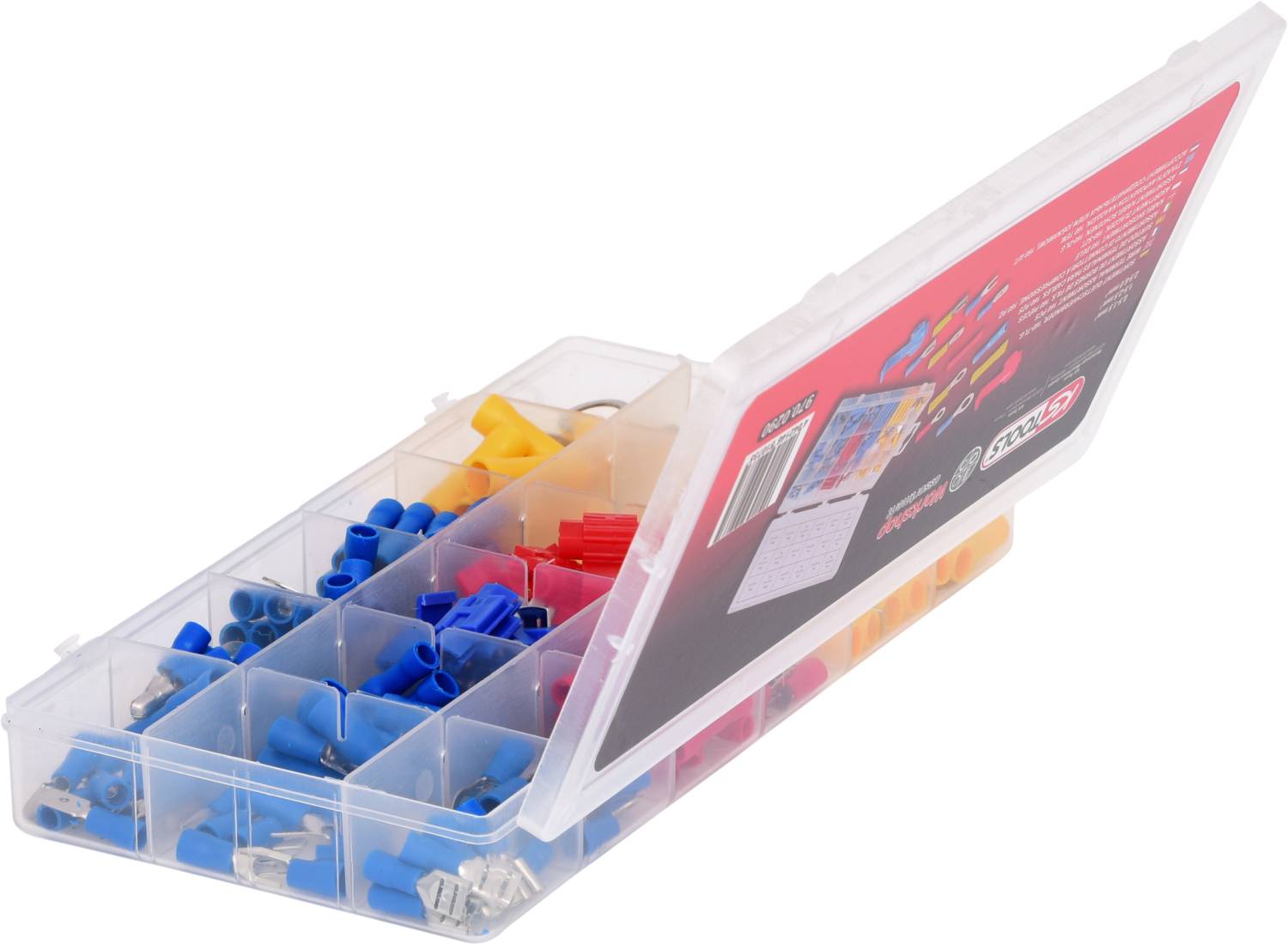 Ein offener Kunststoffbehälter mit Fächern, gefüllt mit blauen, roten und gelben Kabelverbindern.