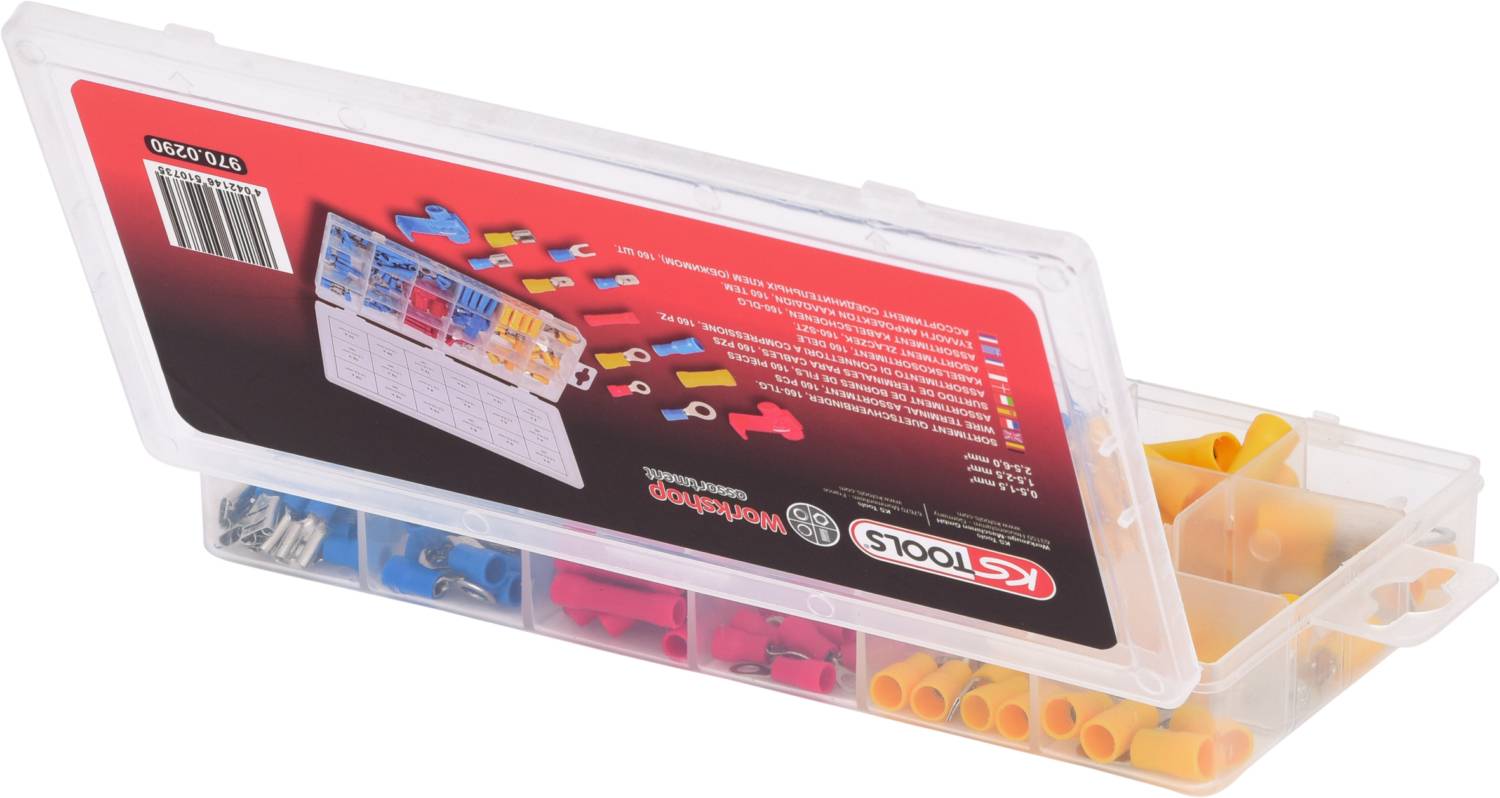 Kunststoffbox mit verschiedenen farbigen Kabelverbindern und Steckern, Markenname 'KS Tools' auf dem Deckel.