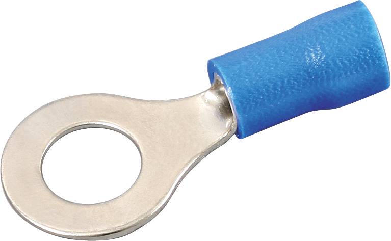 Ein blau isolierter Kabelschuh mit Rundöse für elektrische Verbindungen.