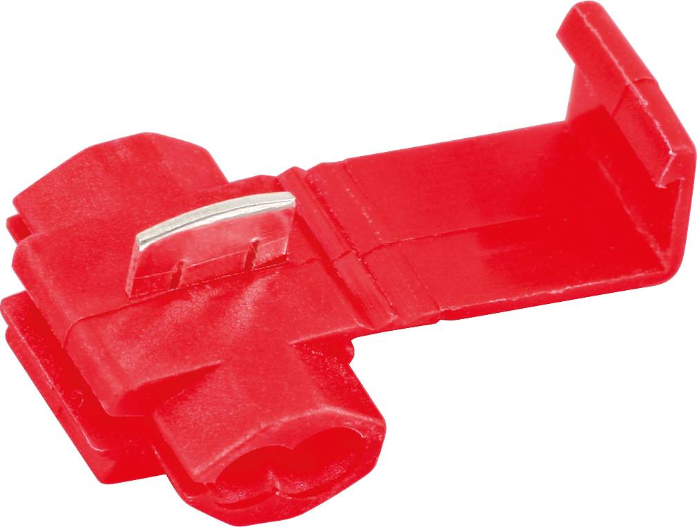 Roter Kabelverbinder mit Metallklemme, zum einfachen Verbinden von elektrischen Leitungen, Nahaufnahme.