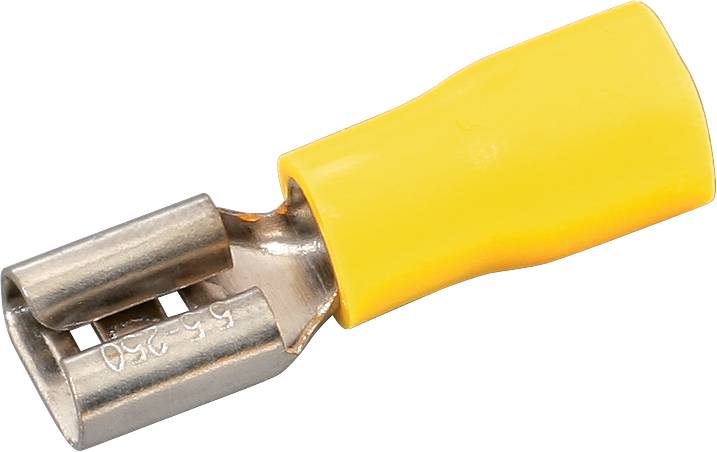 Ein gelber Kabelschuh mit Metallstecker, geeignet für elektrische Verbindungen.