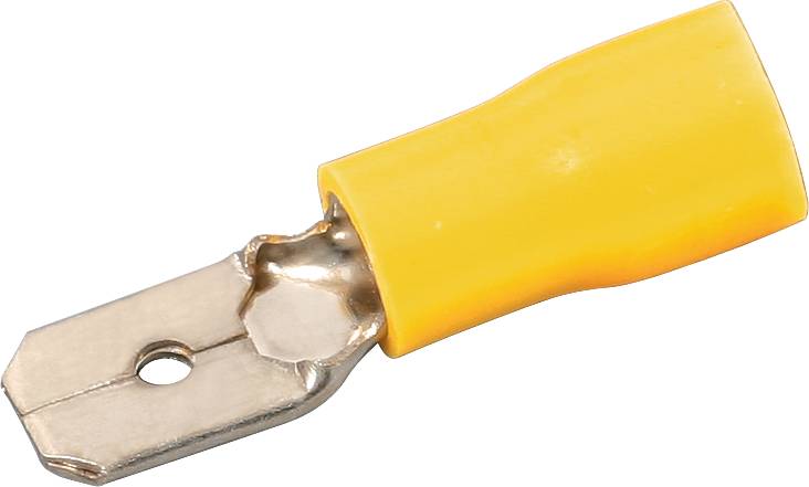 Ein gelber Flachstecker mit isolierendem Kunststoff, verwendet für elektrische Verbindungen.