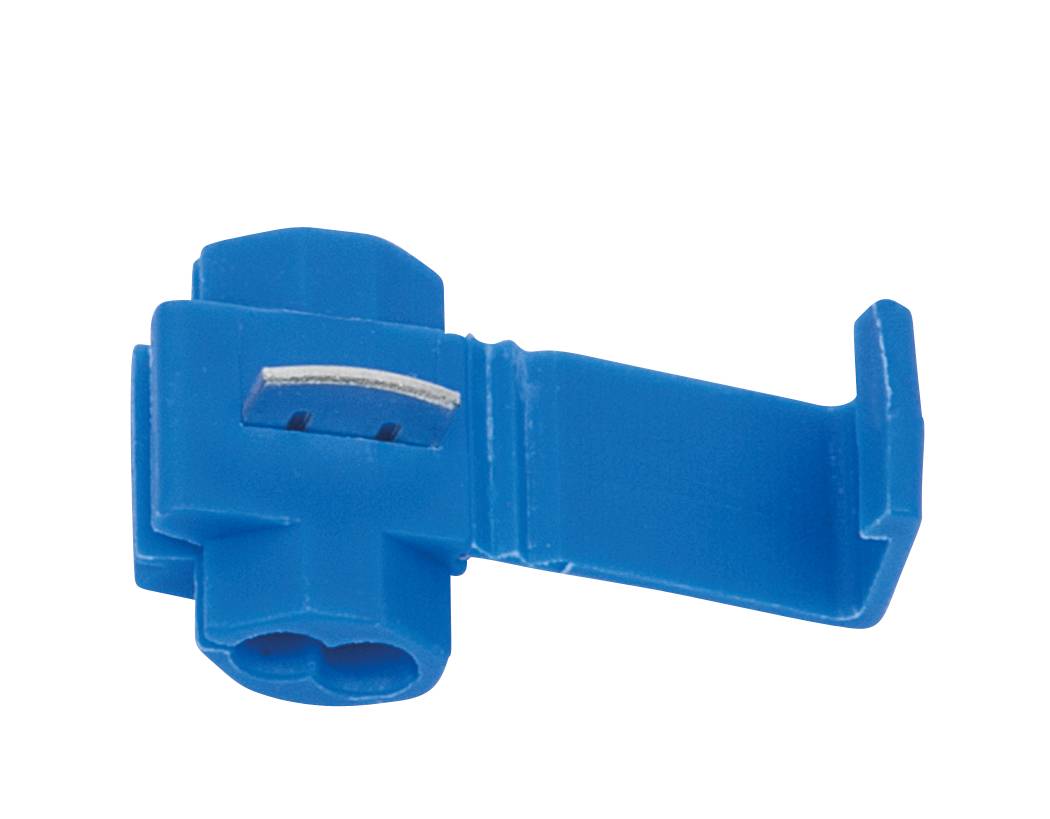 Blauer elektrischer Kabelverbinder mit offenem Clip zur Drahtverbindung, geeignet für Quetschverbindungen in elektrischen Schaltungen.