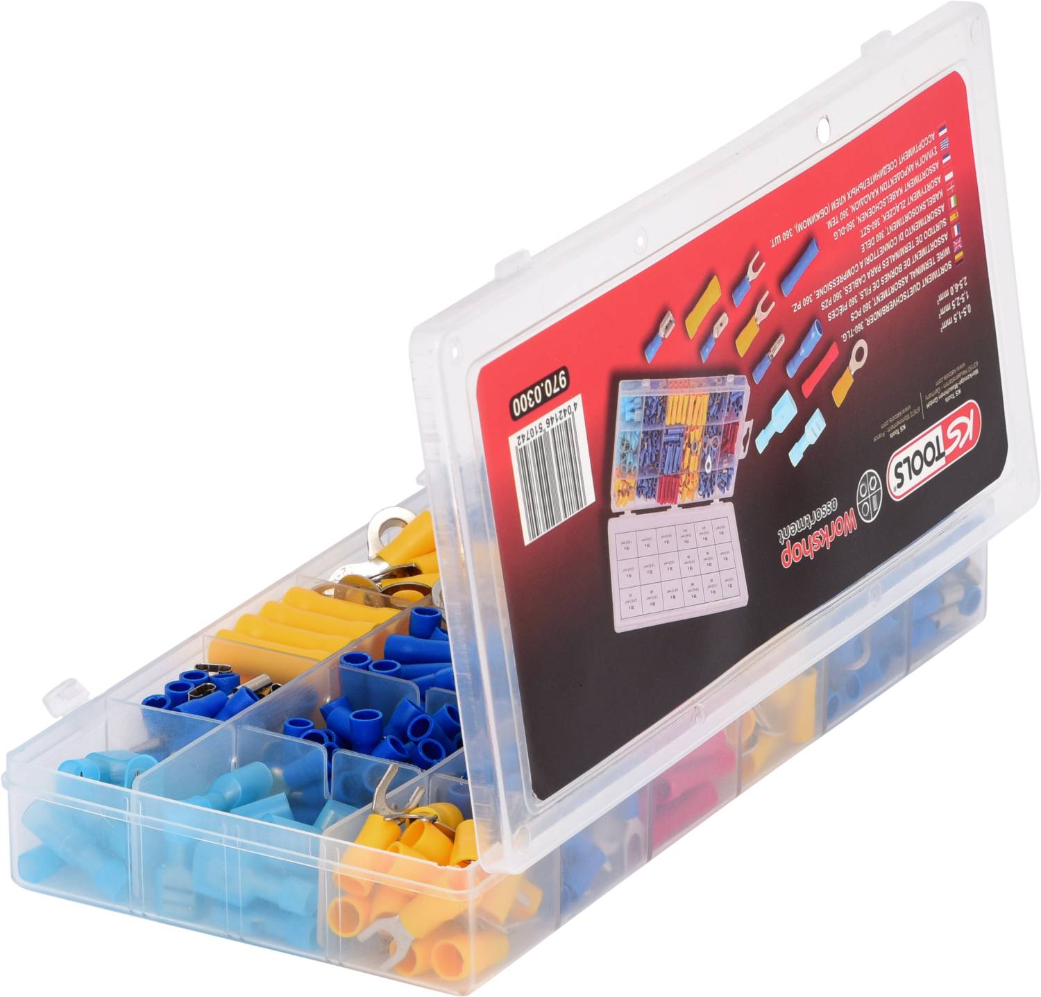 Ein transparenter Kunststoffkasten mit verschiedenen blauen, gelben und roten elektrischen Kabelverbindern in getrennten Fächern.