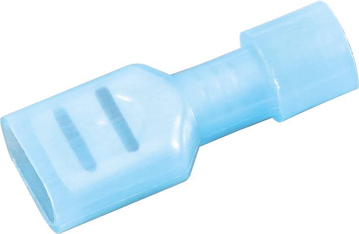 Ein blauer Kabelstecker aus Kunststoff, flach und rechteckig, für elektrische Verbindungen in technischen Anwendungen.