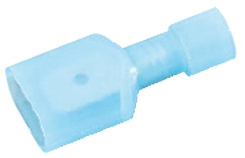 Ein blauer, isolierter Kabelstecker mit männlichem Flachsteckanschluss, geeignet für elektrische Verbindungen und Verkabelungen.