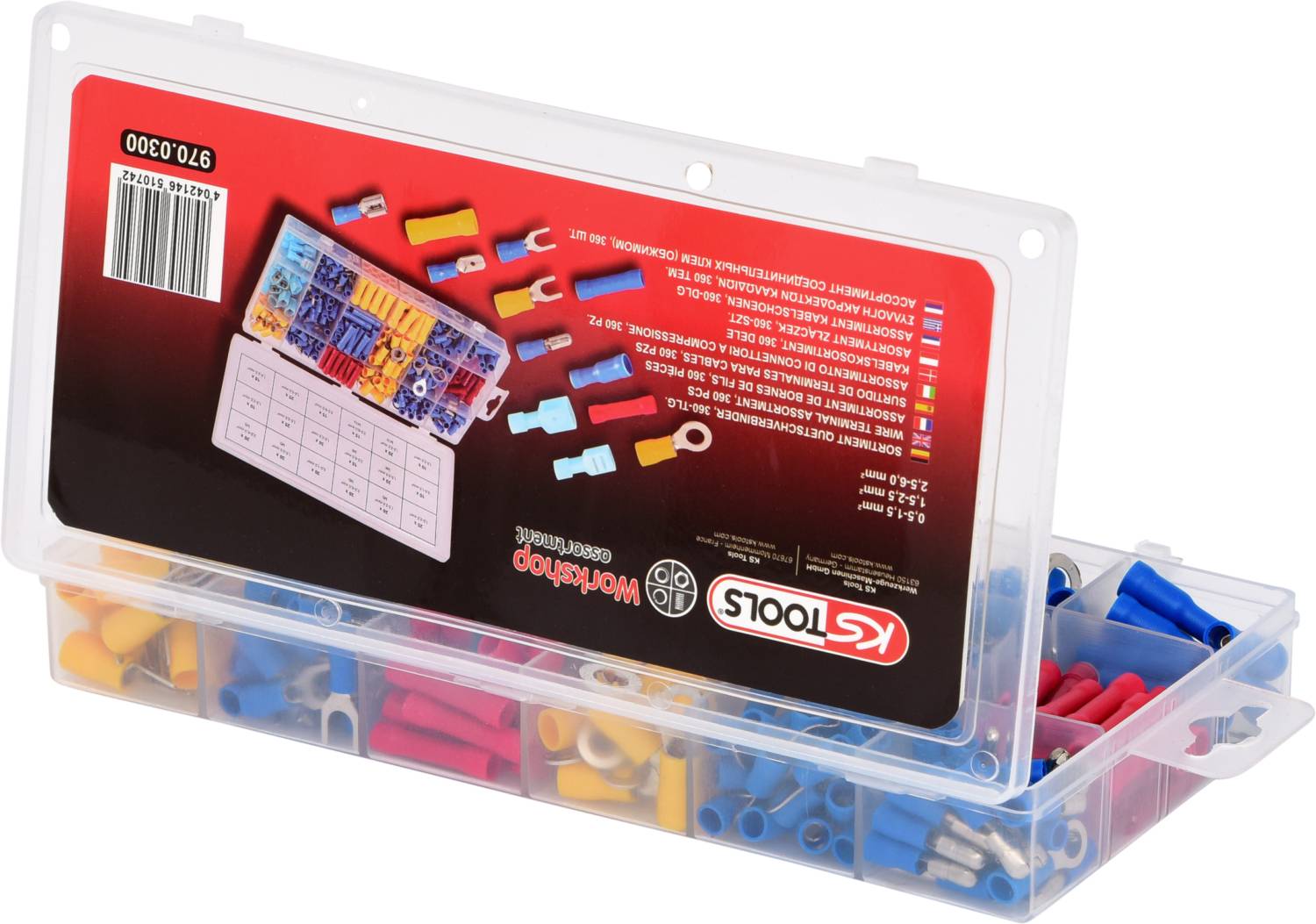 Transparente Aufbewahrungsbox mit verschiedenen farbigen Kabelschuhen und Steckverbindern, teilweise geöffneter Deckel.