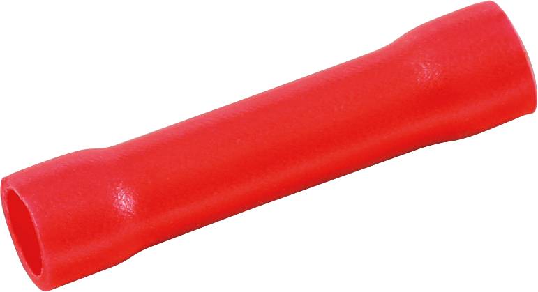 Ein roter elektrischer Kabelverbinder, isolierte Röhre, zur sicheren Verbindung von Kabeln, liegend auf weißem Hintergrund.