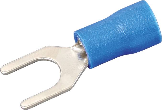 Blauer Kabelschuh mit U-förmigem Metallende, verwendet zur sicheren Verbindung von elektrischen Kabeln.