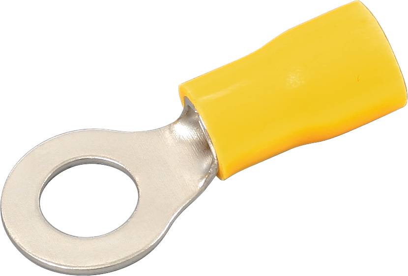 Eine gelbe Ringkabelschuh-Klemme aus Metall. Sie hat eine Öffnung für eine Schraube, um Kabel zu verbinden.