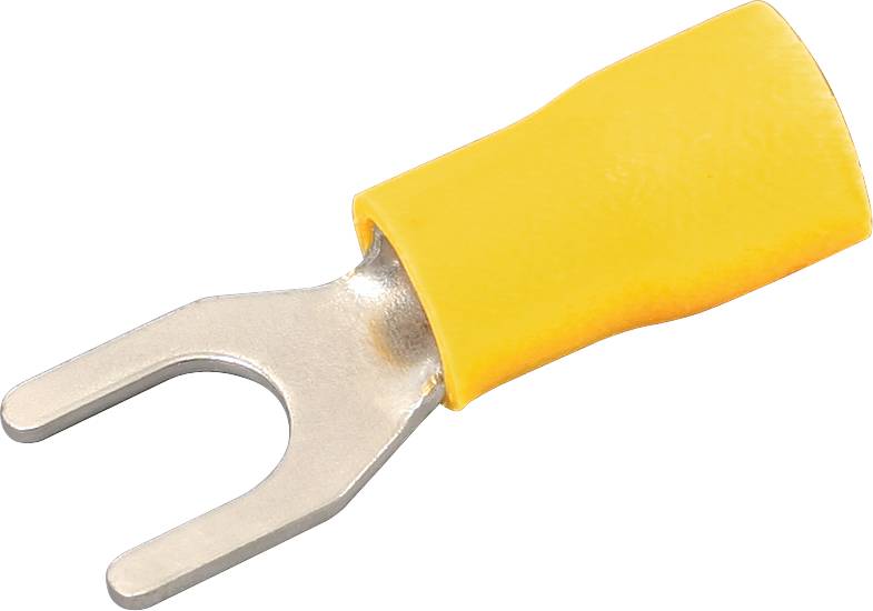 Gelber Gabelkabelschuh mit Metallanschluss, verwendet für elektrische Verbindungen.
