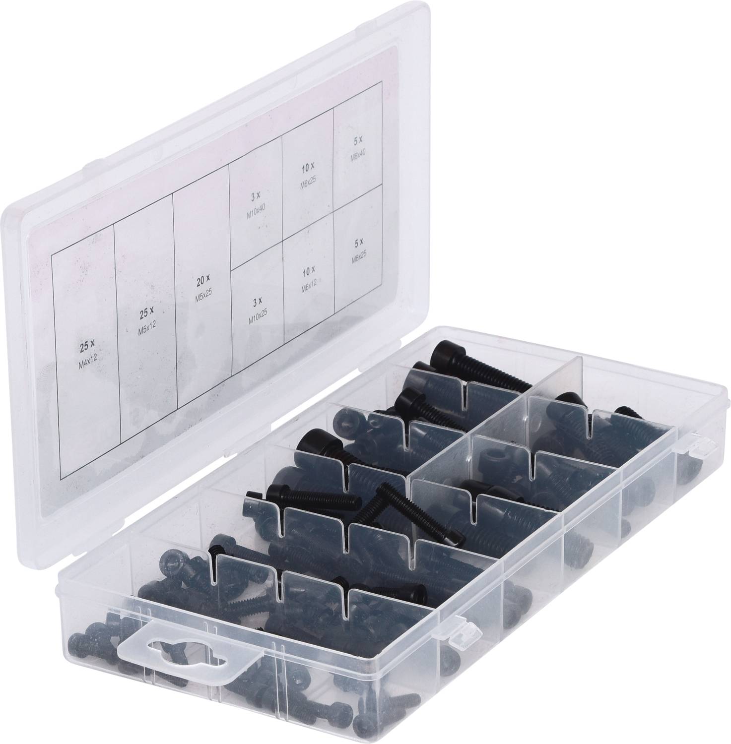 Eine geöffnete transparente Box mit mehreren Fächern, die verschiedene Schrauben in diversen Größen enthält.