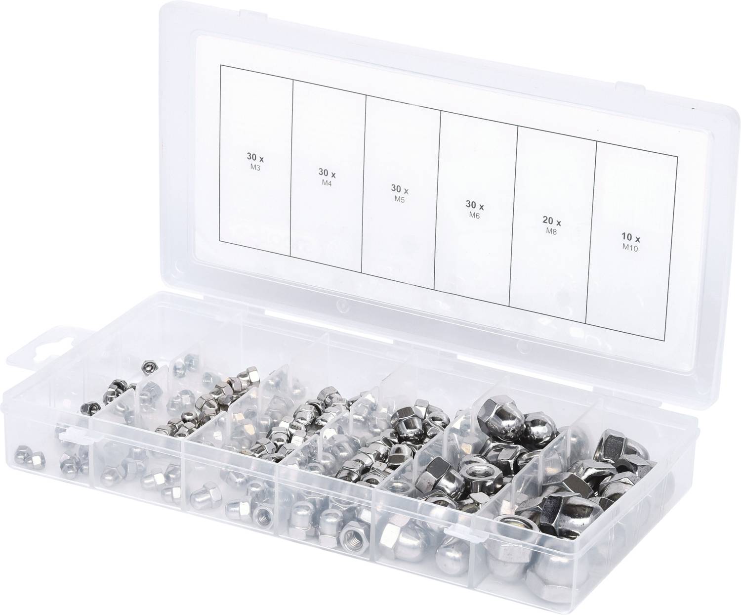 Eine transparente Kunststoffbox mit Fächern, gefüllt mit verschiedenen Metallschraubenmuttern.