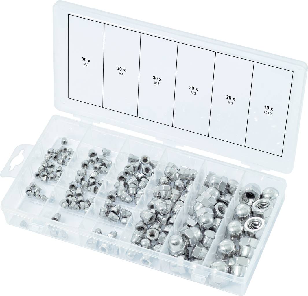 Sortimentsbox mit verschiedenen Größen von Muttern, unterteilt in Fächer, enthält Mengen- und Größenangaben auf dem Deckel.