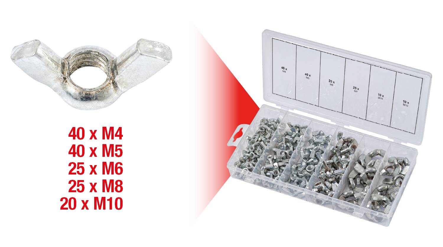 Sortimentkasten mit verschiedenen Flügelmuttern, Größen: 40 x M4, 40 x M5, 25 x M6, 25 x M8, 20 x M10.