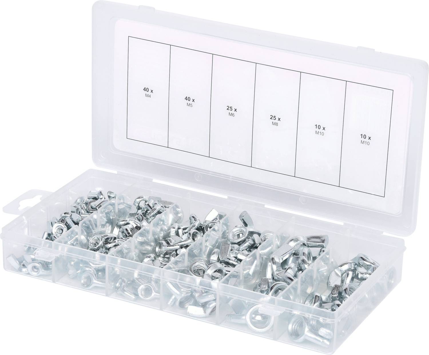 Eine transparente Box mit sechs Fächern, gefüllt mit verschiedenen Mutternsorten in unterschiedlichen Mengen, gemäß der Etiketten auf dem Deckel.