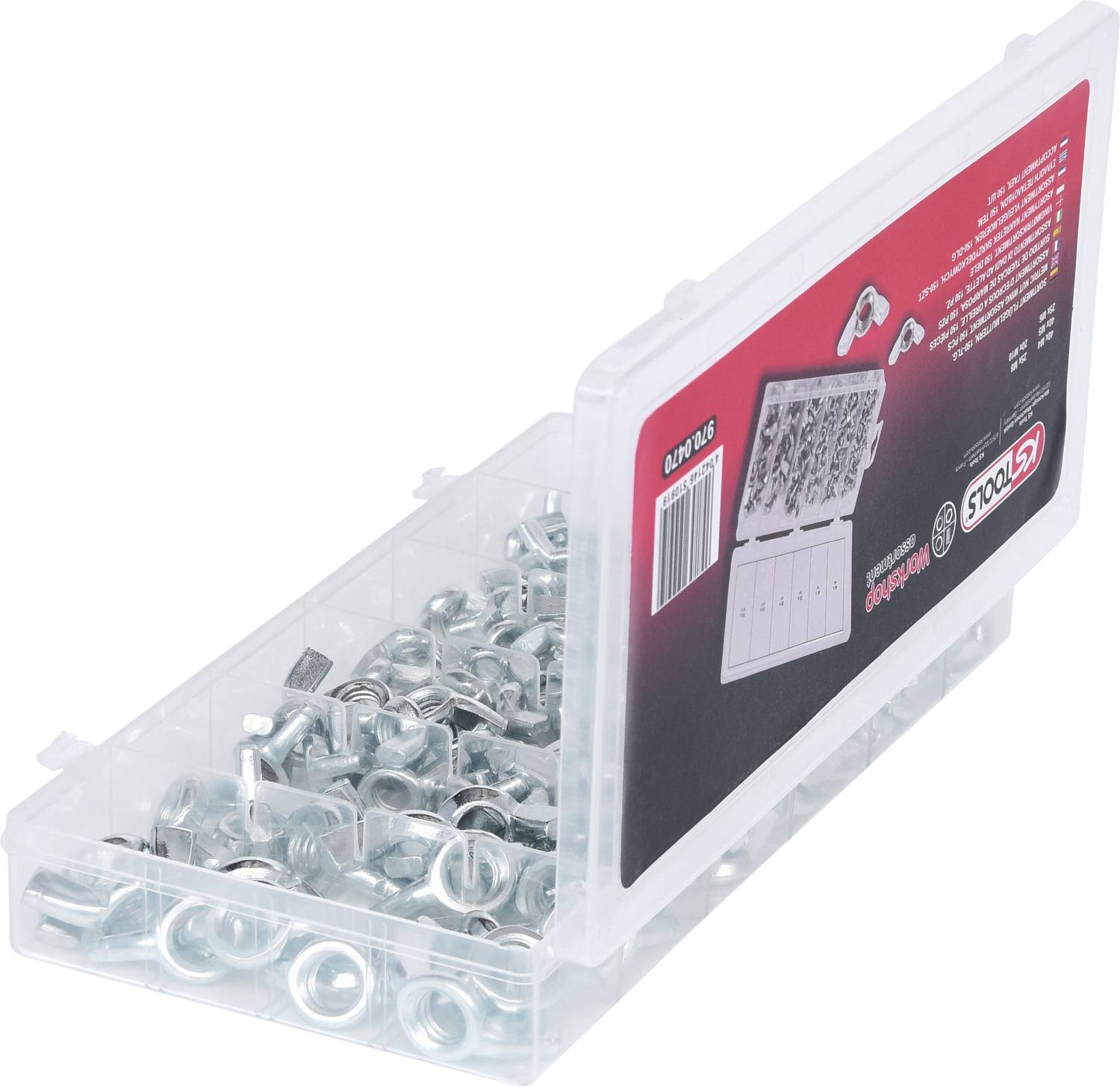 Eine geöffnete Plastikbox mit vielen runden Metallscheiben. Sie dient zur Aufbewahrung und Organisation der Scheiben.