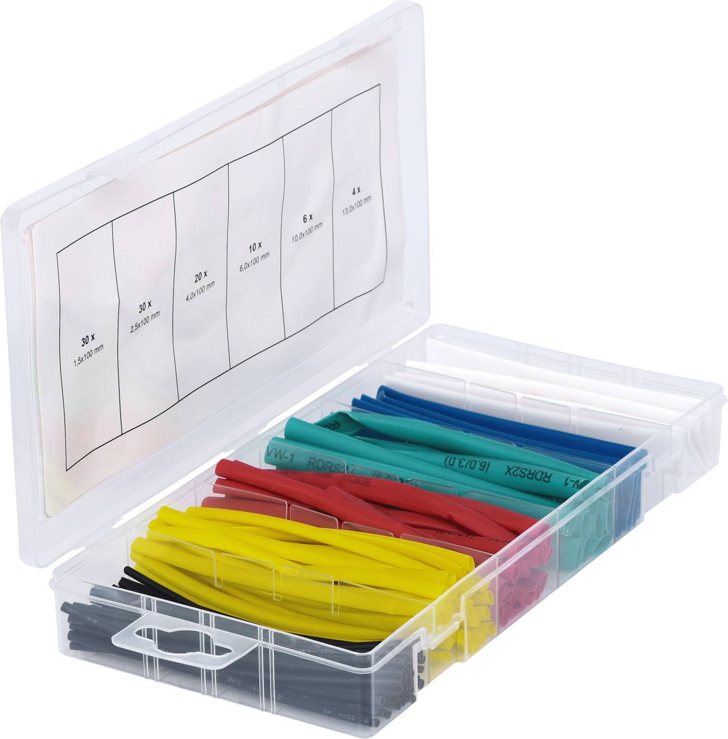 Offene Plastikbox mit verschiedenen Schrumpfschläuchen in mehreren Farben, beschriftet nach Größe und Menge.