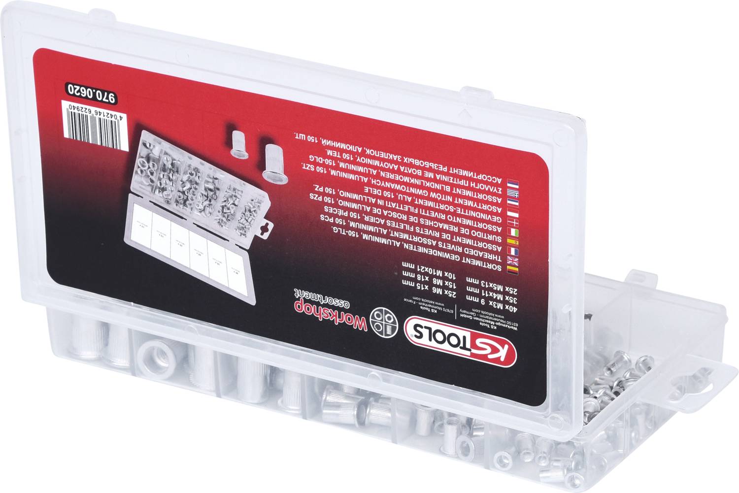 KS Tools 970.0620 Sortiment Gewindenieten, Aluminium, M3x9mm-M10x21mm, 150-tlg