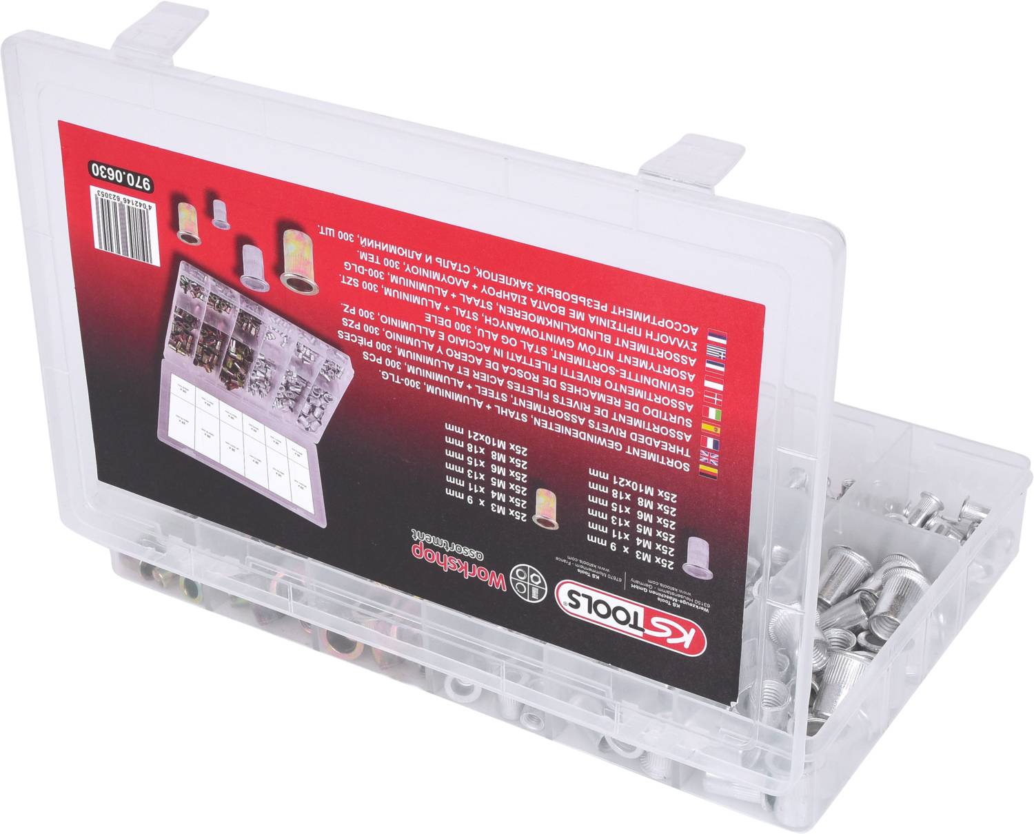 KS Tools Sortiment Gewindenieten, Stahl und Aluminium, M3x9mm-M10x21mm, 300-tlg 970.0630