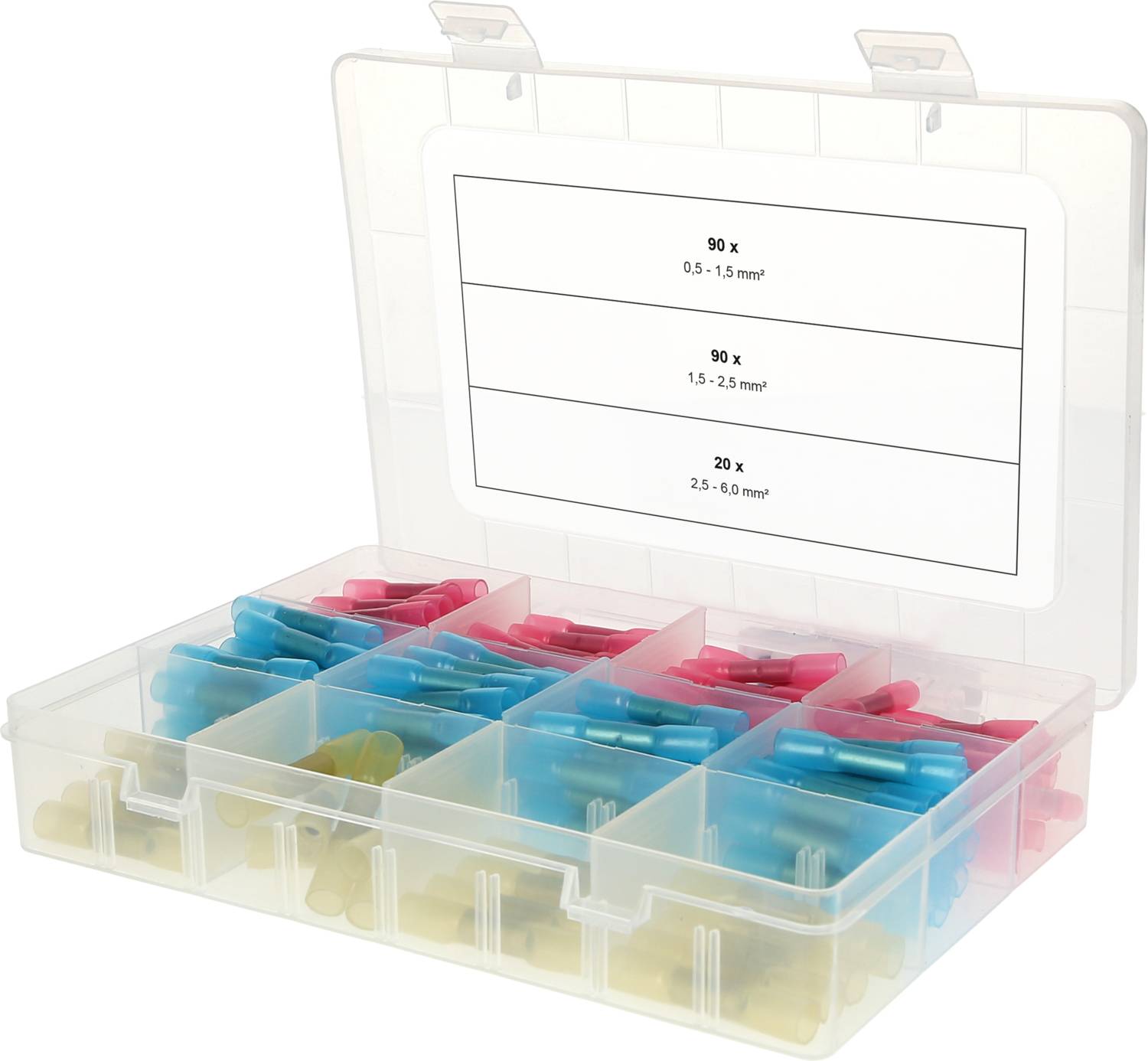 Transparente Kunststoffbox mit Fächern, gefüllt mit bunten Kabelschuhen. Ein Etikett zeigt Stückzahlen und Kabelgrößen von 0,5 bis 6 mm².