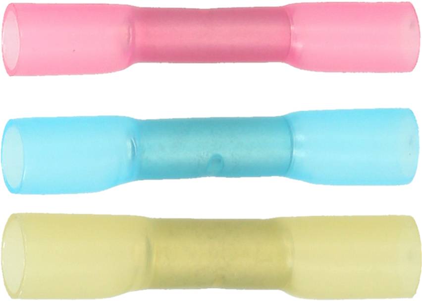 Drei farbige Schrumpfverbinder: oben rosa, in der Mitte blau, unten gelb. Sie dienen zum sicheren Verbinden von Kabeln.
