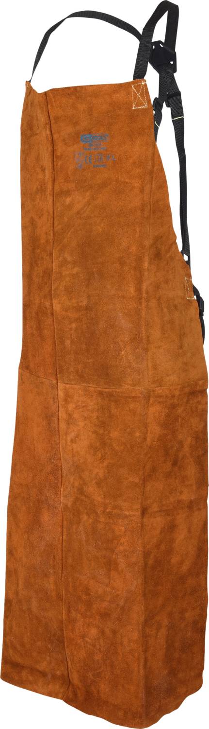Braune Lederschürze mit Hosenträgern, schwarzem Hals- und Hüftband, geeignet für Grillen oder Werkstattarbeiten.