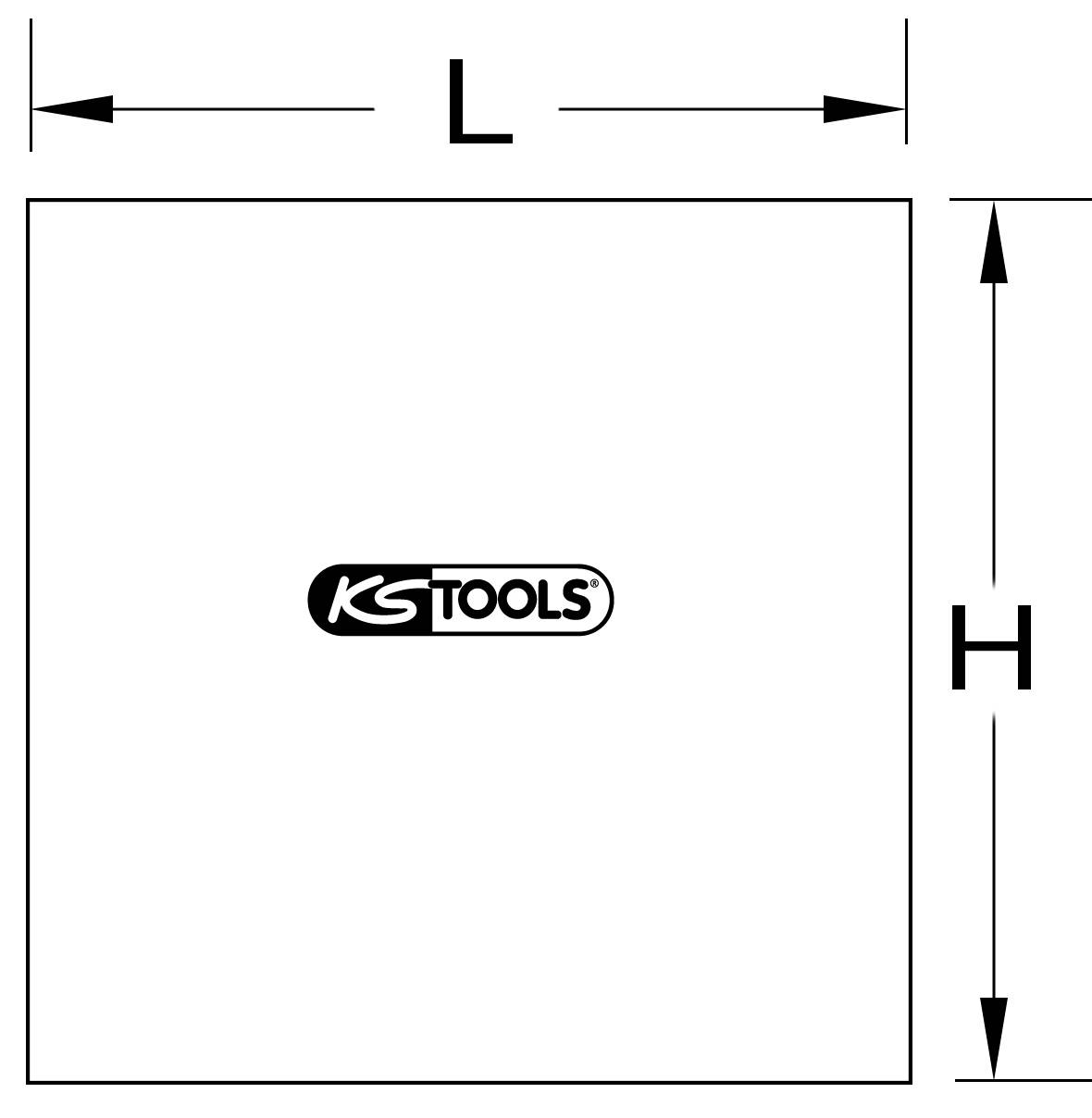 'KS TOOLS'-Logo in der Mitte eines quadratischen Rahmens. Oben und rechts befinden sich Maßpfeile für Breite (L) und Höhe (H).