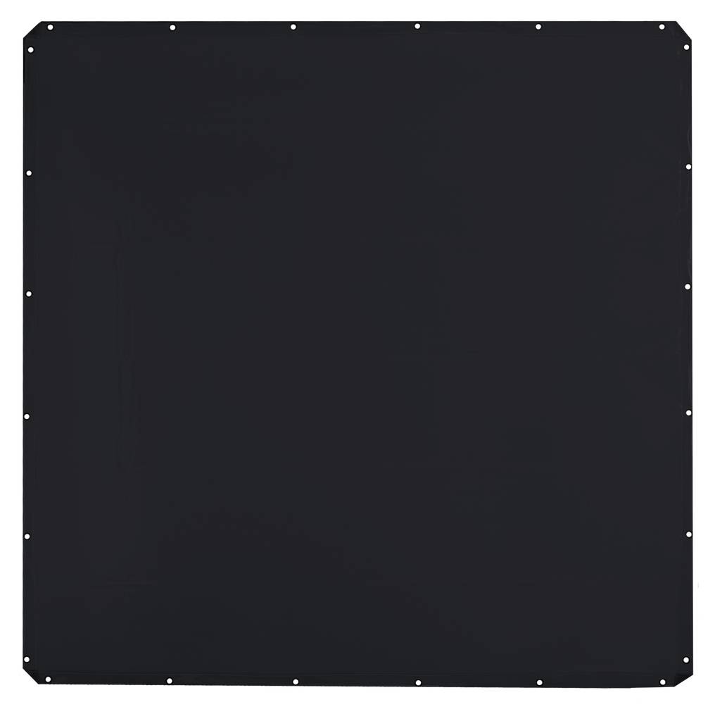 Schwarzes, quadratisches Metallschild mit löchriger Umrandung.