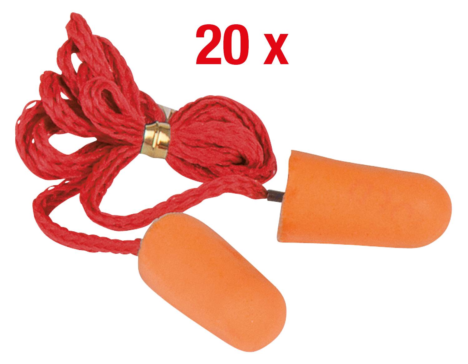 Zwei orangefarbene Ohrstöpsel an rotem Band, 20 Stück. Verwenden zum Schutz vor Lärm.