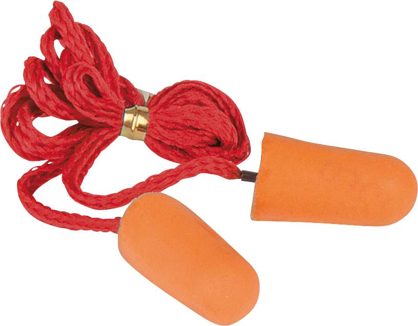 Orange Ohrenstöpsel mit roter Kordel. Genutzt zum Schutz vor Lärm.