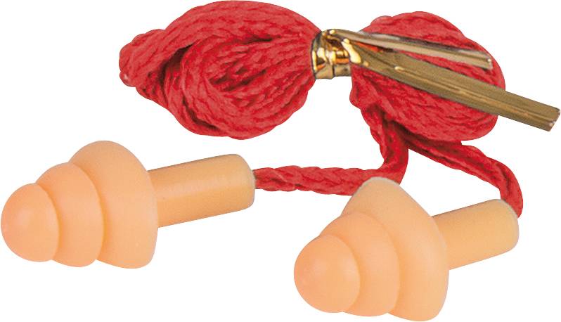 Ohrstöpsel aus weichem Material, verbunden durch ein rotes Band mit goldenen Enden, zur Geräuschreduzierung.