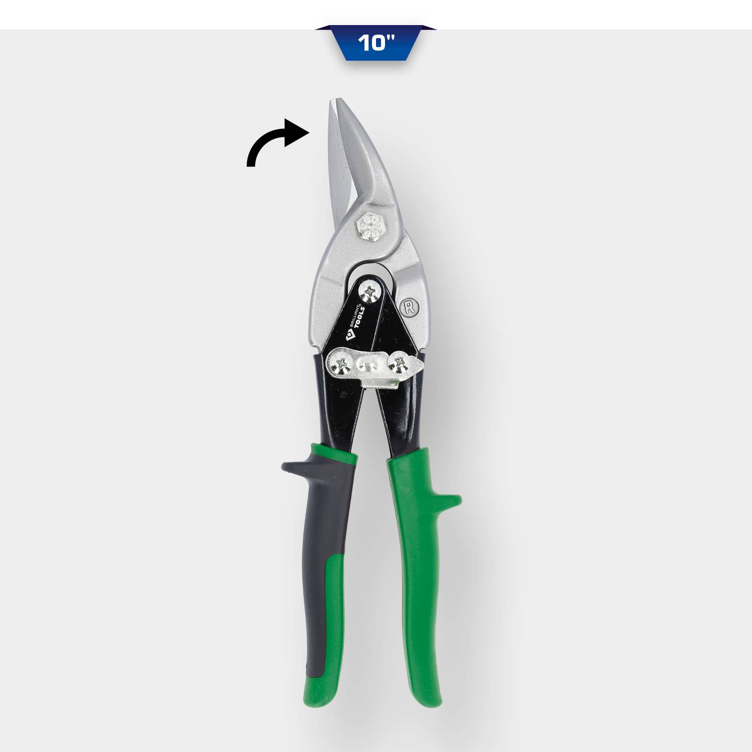 „Metallschere, 25 cm, mit schwarzen und grünen Griffen, zeigt Blink in Schneidposition.“