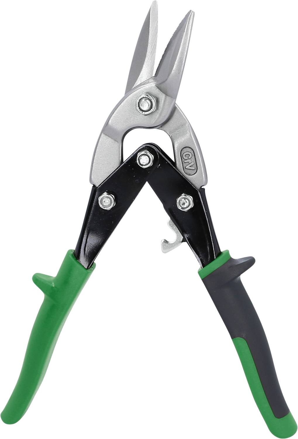 Eine grüne und schwarze Blechschere mit Metallklingen, geeignet für Schneidarbeiten.