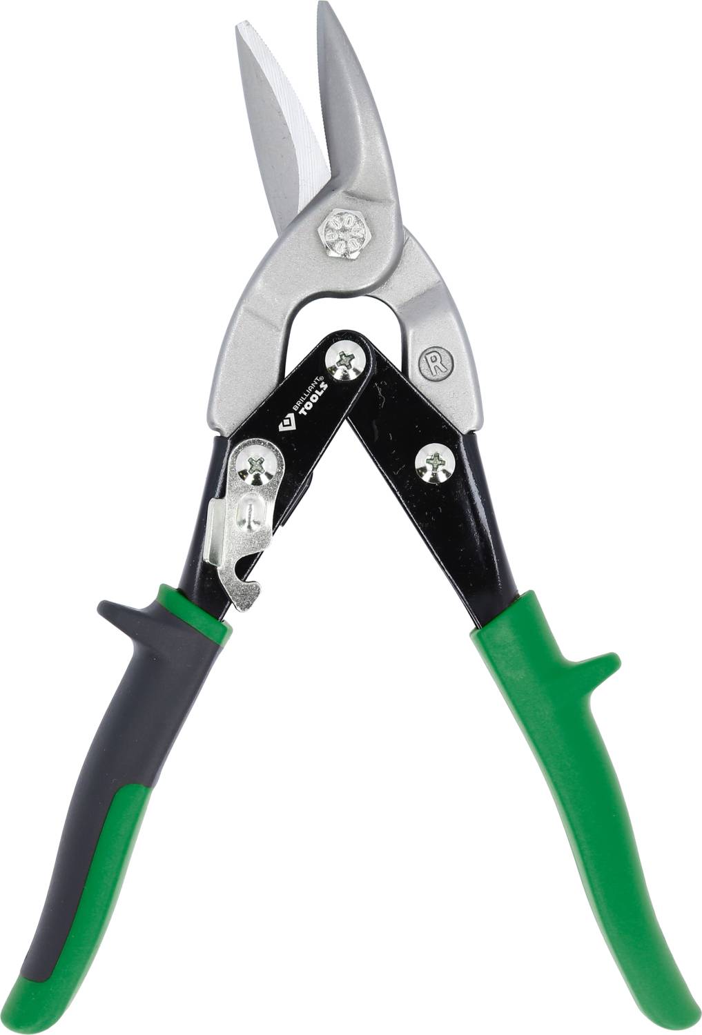 Eine grüne und schwarze Blechschere mit Metallklingen, geeignet zum Schneiden von Blech und anderen festen Materialien.