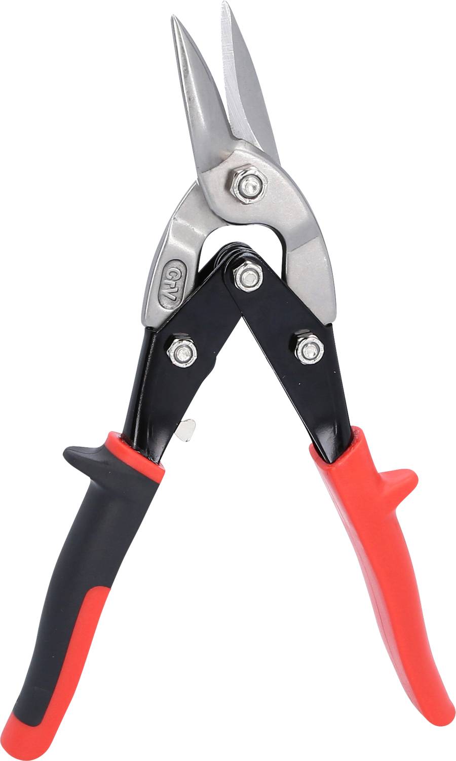 Eine rote und schwarze Blechschere mit einem silberfarbenen Schneidkopf, geeignet zum Schneiden von Metallblech.