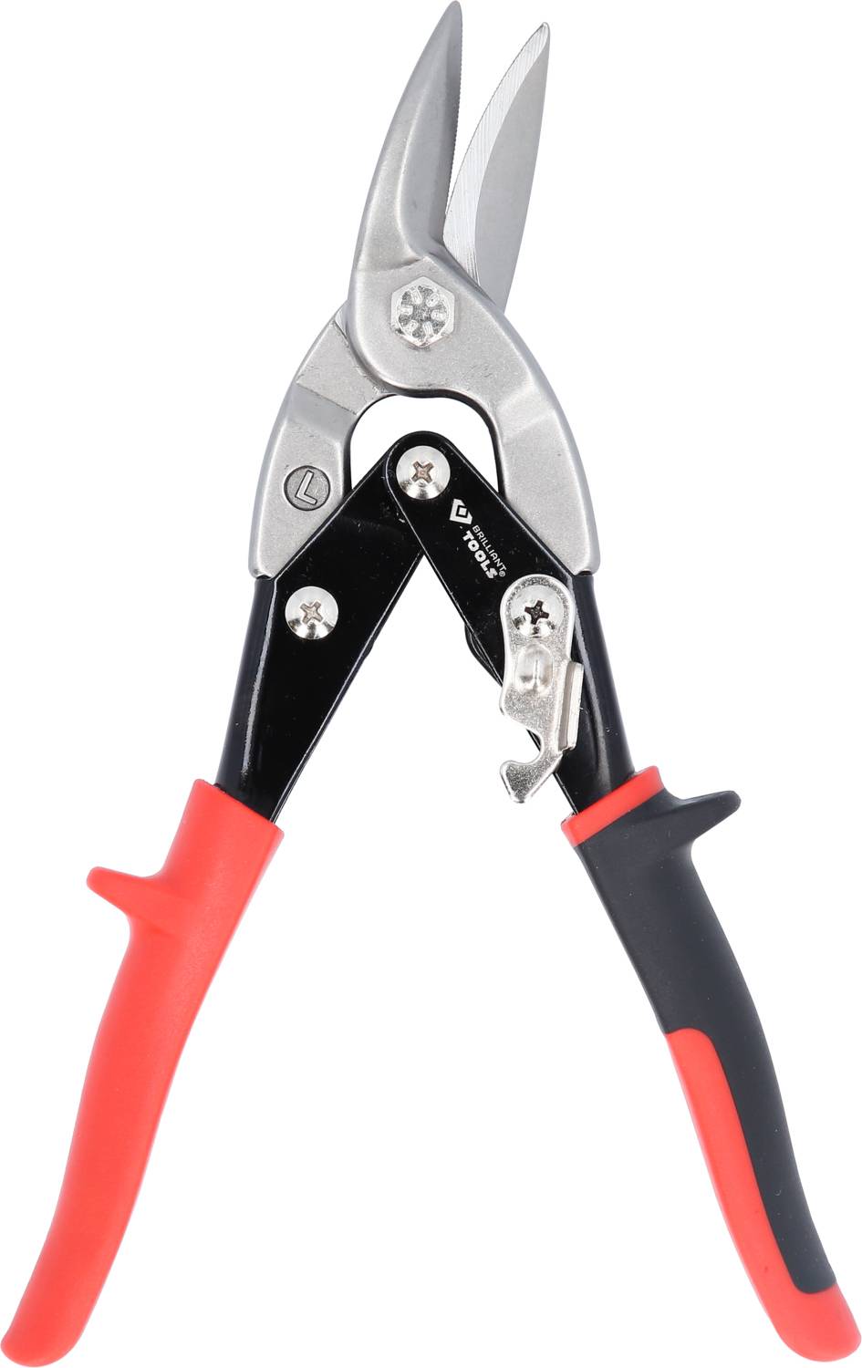 Flugblechschere mit rot-schwarzen Griffen und silberner Schneide, geeignet zum Schneiden von Metall.