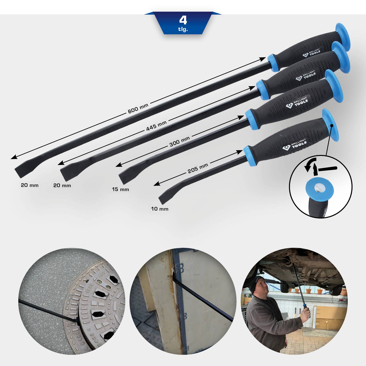 Vierteiliger Hebelstangensatz mit Gummigriffen, Längen: 205mm bis 600mm. Geeignet für Mechanikarbeiten, gezeigt in Werkstadtnutzung.