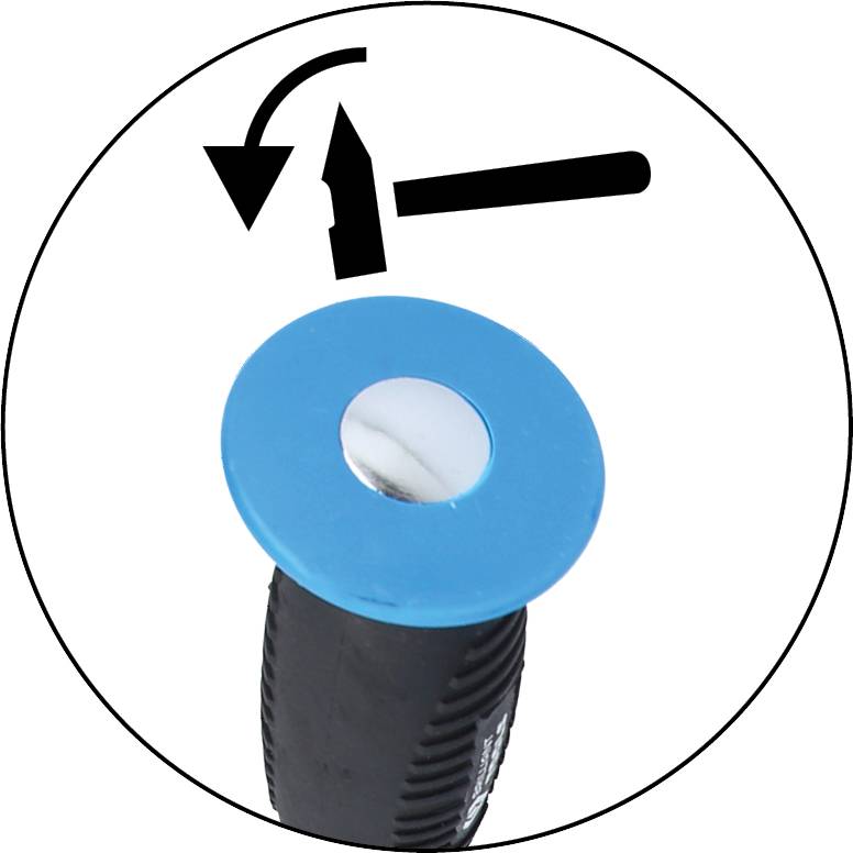 Schwarzes und blaues Werkzeug mit Metalleinsatz, Symbol oben zeigt einen Hammer mit Pfeil, weist auf Stoßfunktion hin.