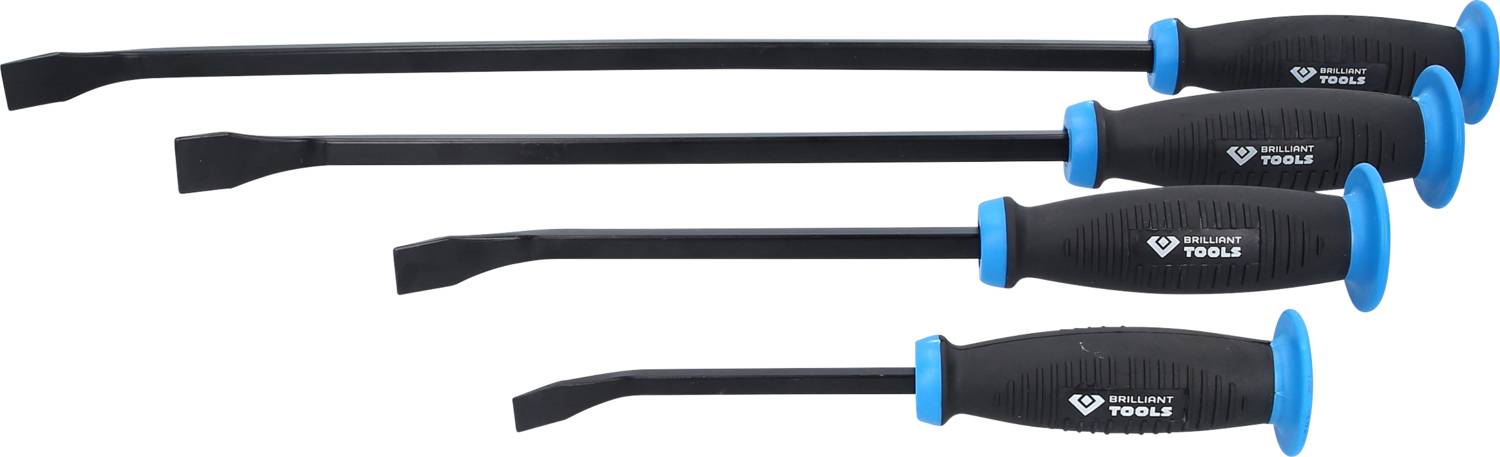 Vier Schraubendreher mit schwarzen Griffen und blauen Endkappen in unterschiedlichen Größen nebeneinander liegend.