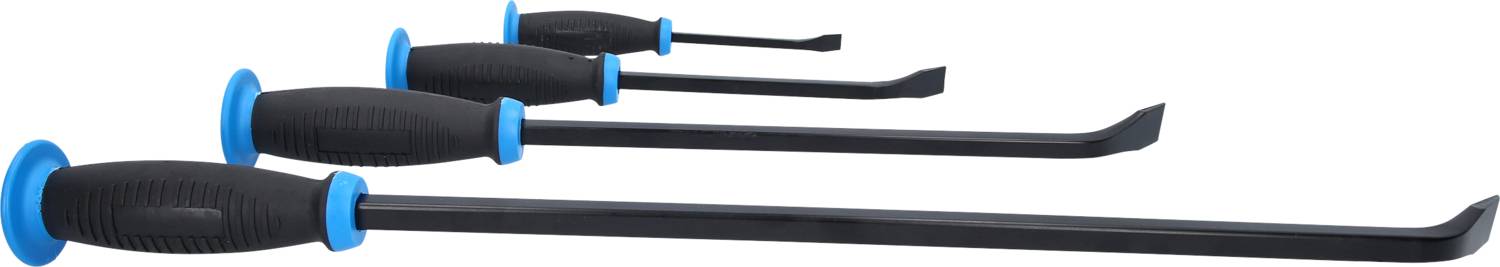Vier Brechstangen mit schwarzen Griffen und blauen Endkappen, in verschiedenen Größen nebeneinander liegend.