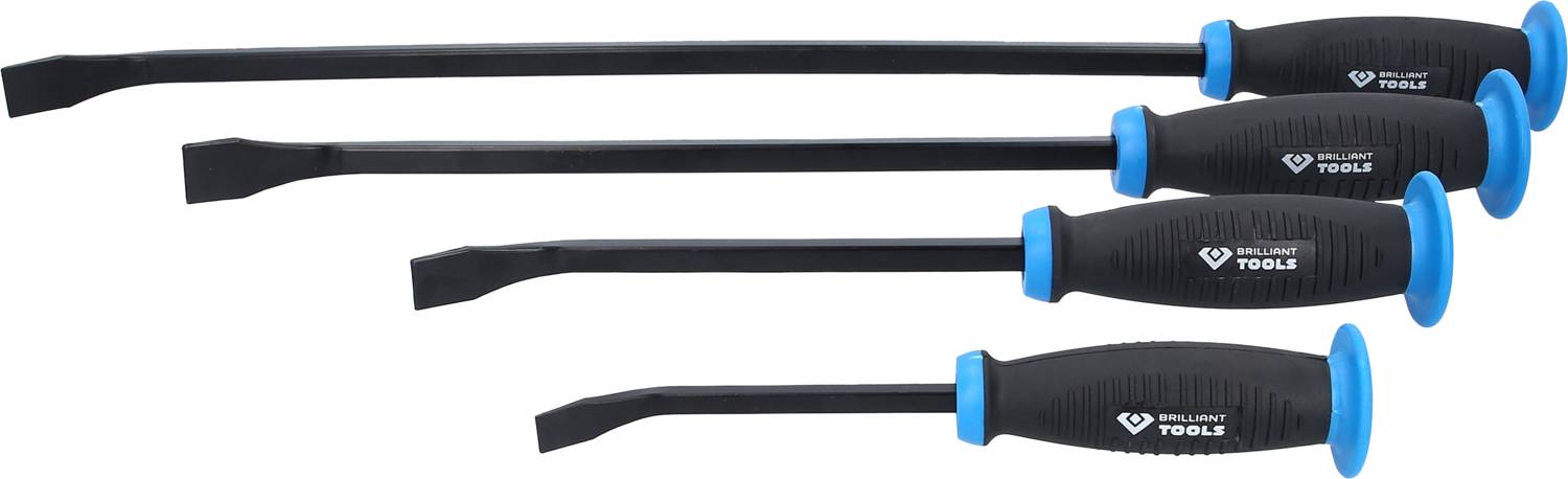 Ein Satz von vier verschiedenen Handhebeln mit schwarzen Griffen und blauen Enden, nebeneinander in aufsteigender Größe angeordnet.