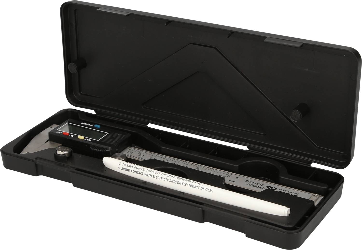 Schieblehre in einem schwarzen Etui, digital mit LCD-Anzeige, geeignet für präzise Messungen.