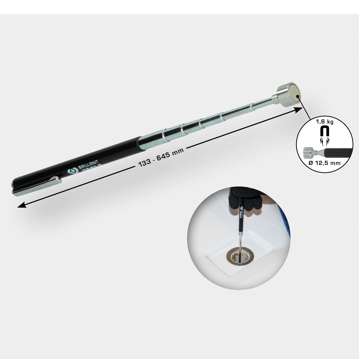Teleskop-Magnetheber von 133 bis 645 mm, trägt 1,6 kg. Nahaufnahme zeigt Anwendung in einem Abfluss mit einem eingesetzten Magnetheber.