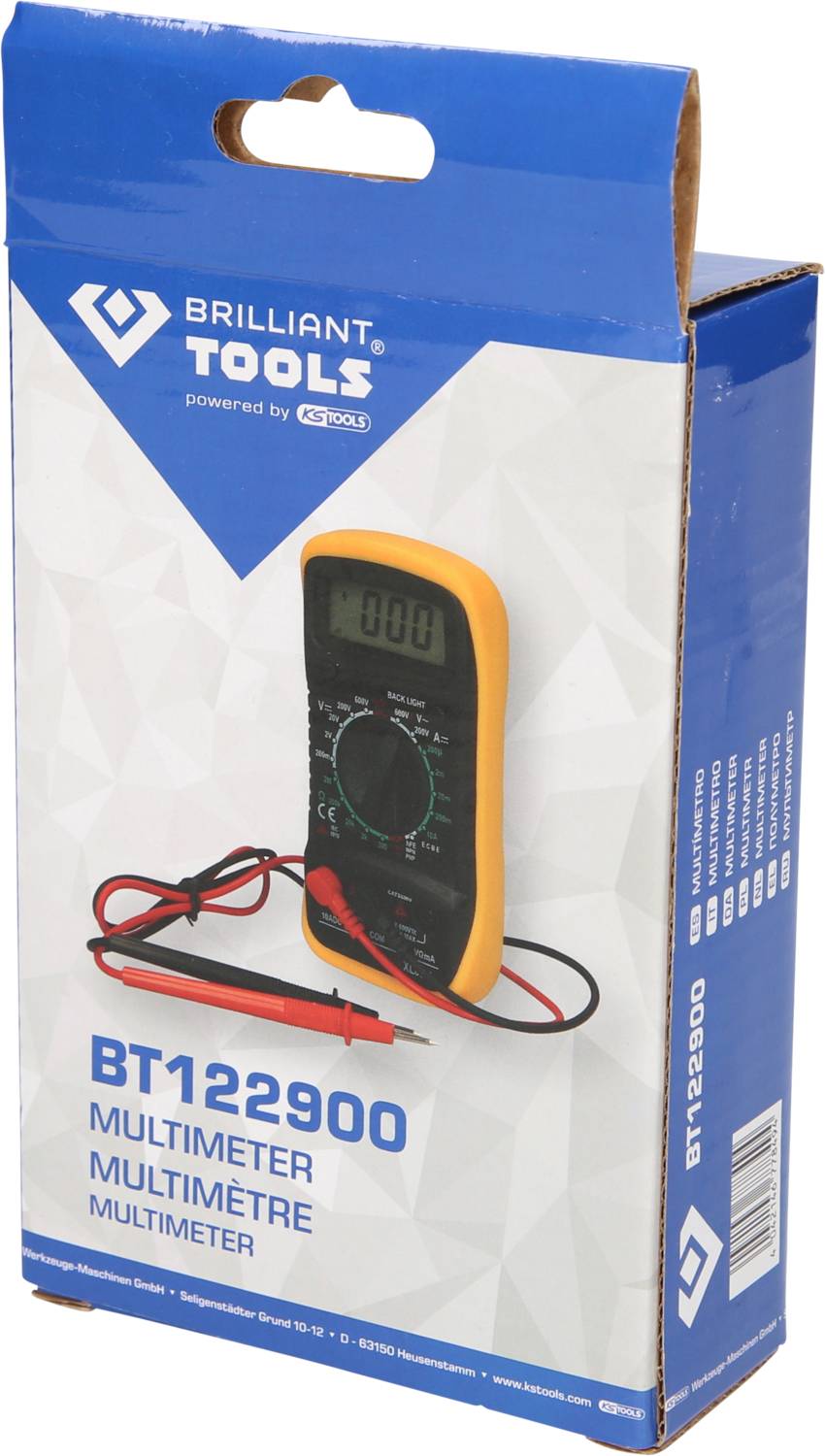Multimeter in gelbem Gehäuse mit schwarzen und roten Prüfspitzen auf einer Verpackung mit der Aufschrift 'BT122900 Multimeter'.