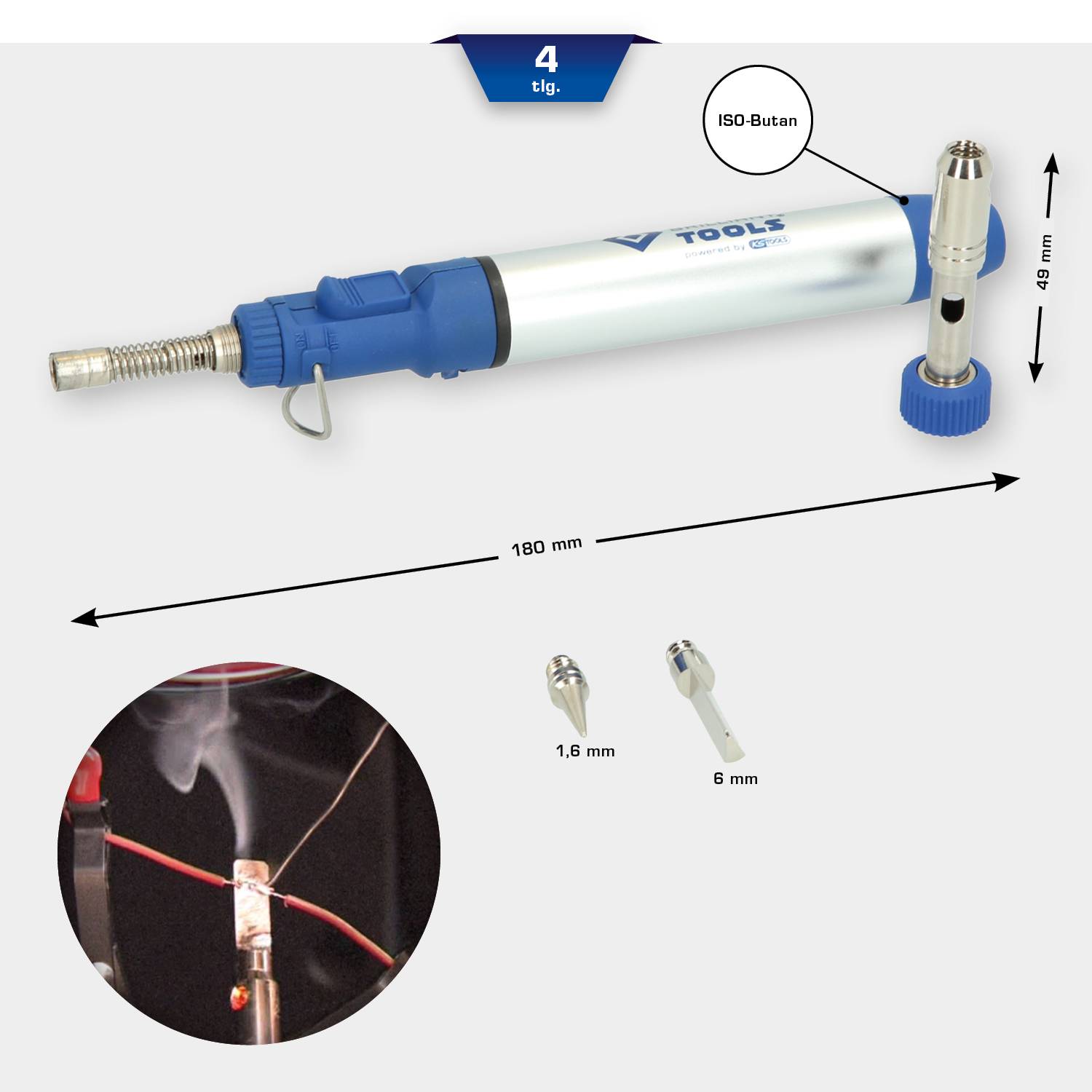 Lötwerkzeug-Set mit vier Teilen, Gasbrenner, Lötspitze, 180 mm lang. Zeigt Anwendung bei Lötarbeiten an Drahtverbindungen.