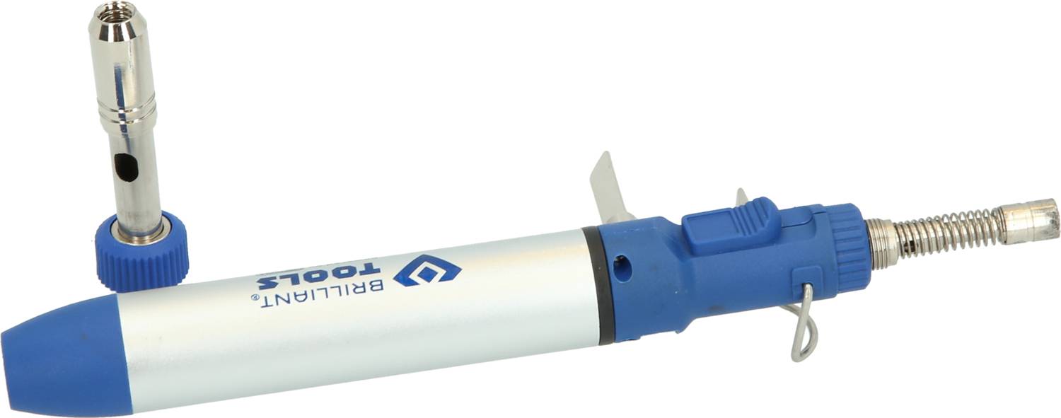 Ein blauer und silberner Butan-Gasbrenner mit abnehmbarem Aufsatz von Brilliant Tools, hauptsächlich für Lötarbeiten verwendet.