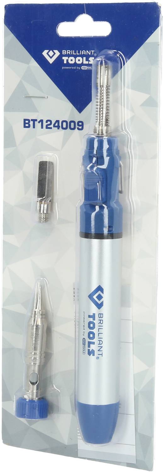 Ein Lötbrenner-Set der Marke Brilliant Tools in einer Blisterverpackung. Enthält einen blauen Lötbrenner und Zubehörteile.