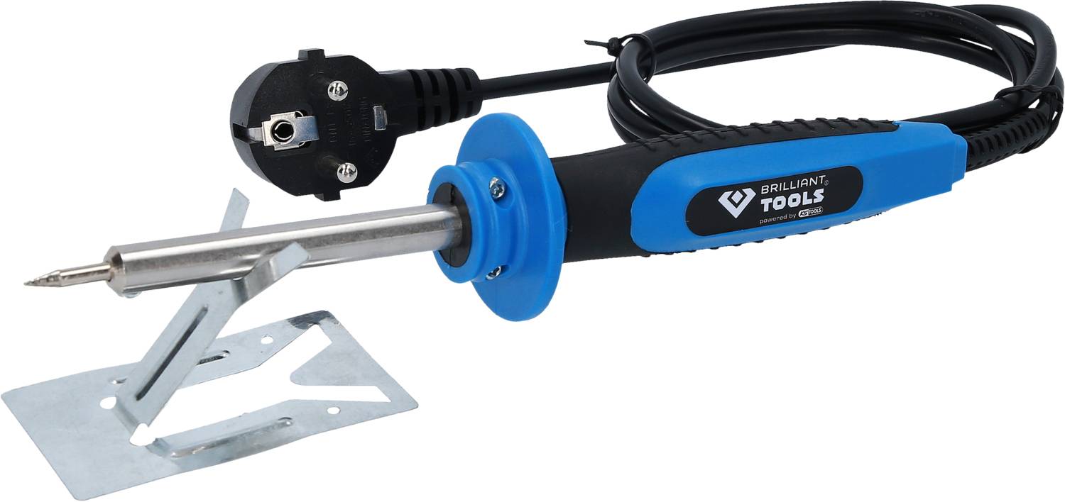 Lötkolben mit blauem Griff, auf einem Metallständer liegend, daneben ein Stromkabel mit schwarzem Stecker.